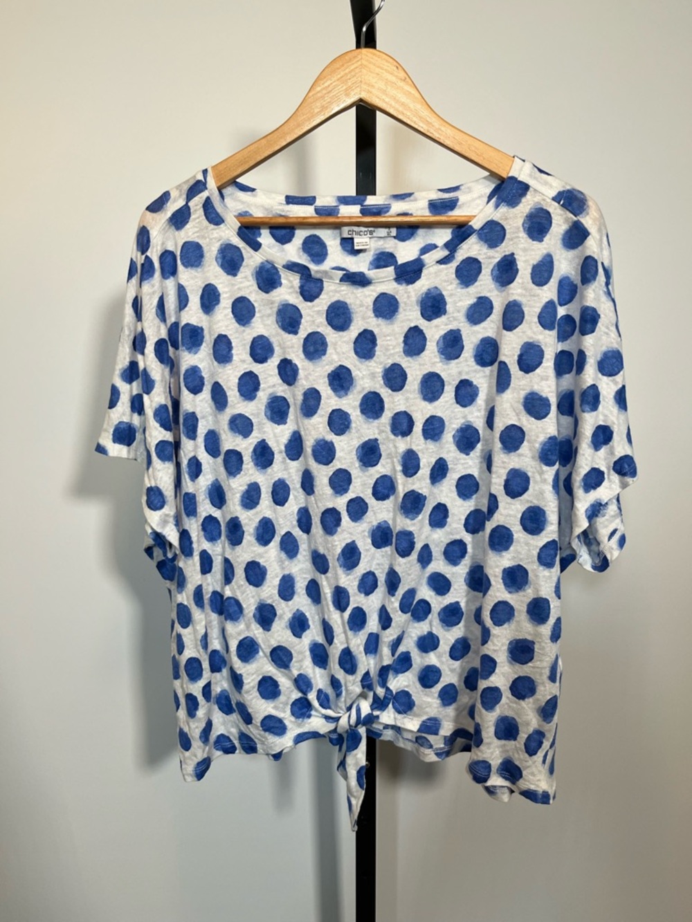 Chico's White and Blue Polka Dot Short Sleeve Tie-Front Top